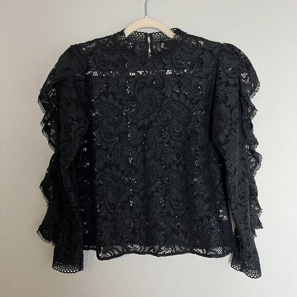 Express Lace Mock Neck Ruffle Sleeve Chic Elegant Top Blouse Unlined Black Sz S - Picture 7 of 12
